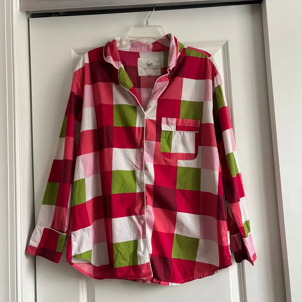 Printfresh Holiday Buffalo Plaid Pajama Top Sz M Red Pink‎